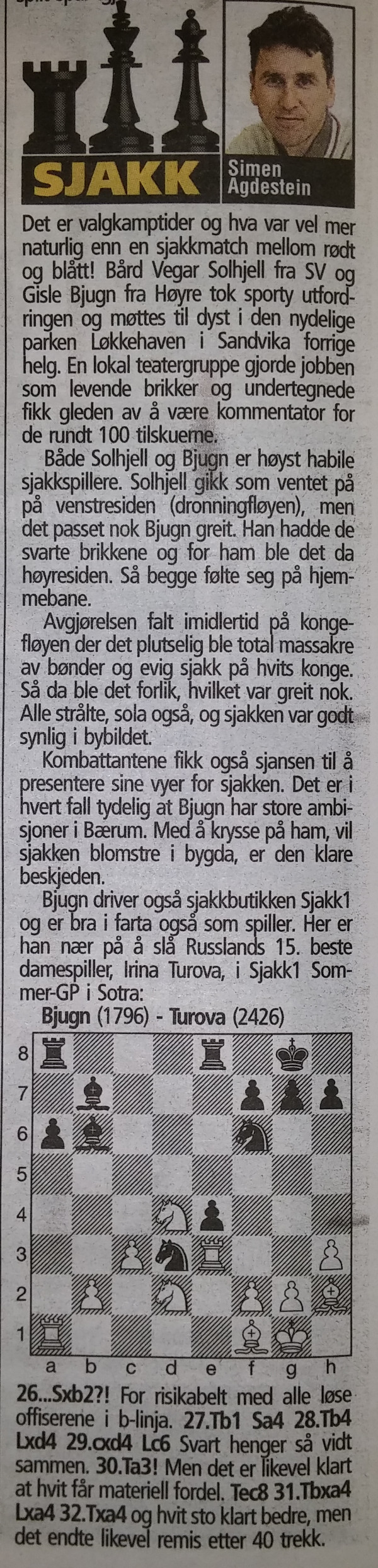 Simen Agdesteins sjakkspalte i VG 05.09.2015.